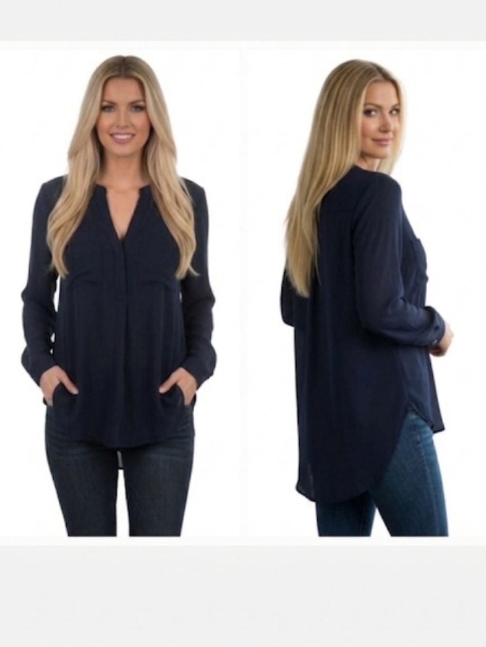 "Ann Taylor" Navy Long Sleeve Button Down Blouse High-Low Hem Small